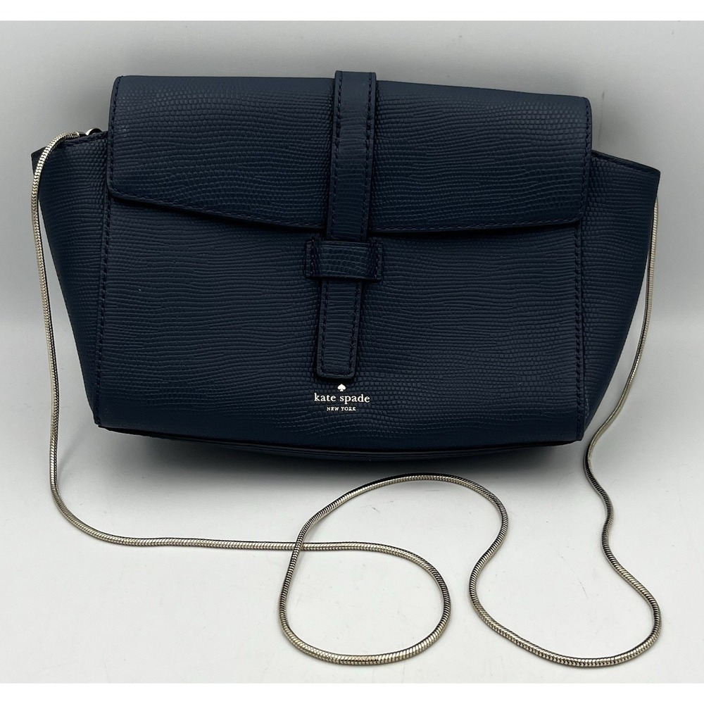 Kate Spade Crossbody Bag Blue Saffiano Leather‎ Silver Chain Strap Purse
